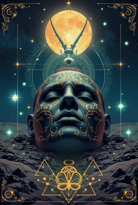  Artistic representation of conspiracy theories :  a mix of occult ritual symbols ,  a starry sky with alien lights and a lead mask in the center, surrounded by elements of science fiction 