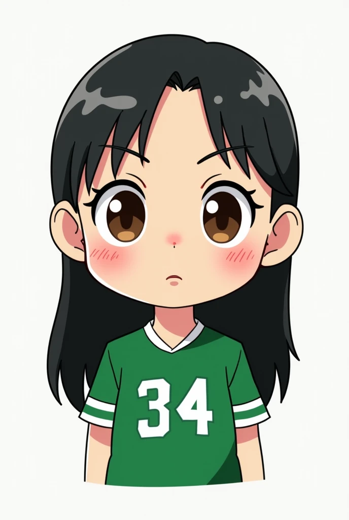 Create a cartoon-style character, with a simple and adorable design. With long black hair, large expressive brown eyes, rosy cheeks, and wears a green uniform with the number "34" on the chest. The sports uniform inspired by the popular series The Squid Ga...