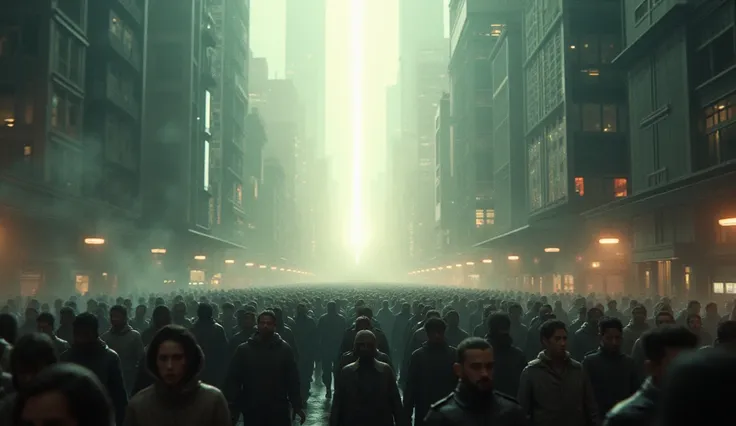 Create a hyper-realistic cinematic image of a crowd of people walking toward a light in the sky in a large city