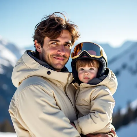 Close-up image showing two people . A man 20 years old, high, short wavy straight brown hair ,  brown-eyed ,  tanned skin .  The person is wearing a CREAM ski suit.  holding a  ,  a  baby boy ,  straight brown short hair with bangs ,  brown-eyed ,  white s...