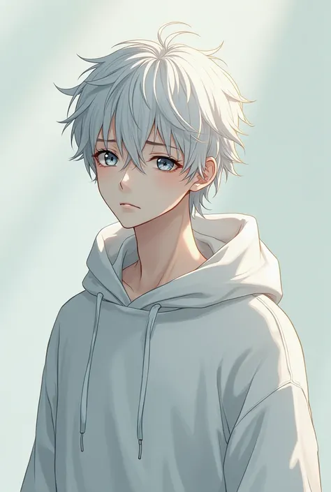 Guy, 19 years old, with white hair, with grey eyes, white skin , kind face ,  but sad ,  manhwa style, Hes wearing a white hoodie. 