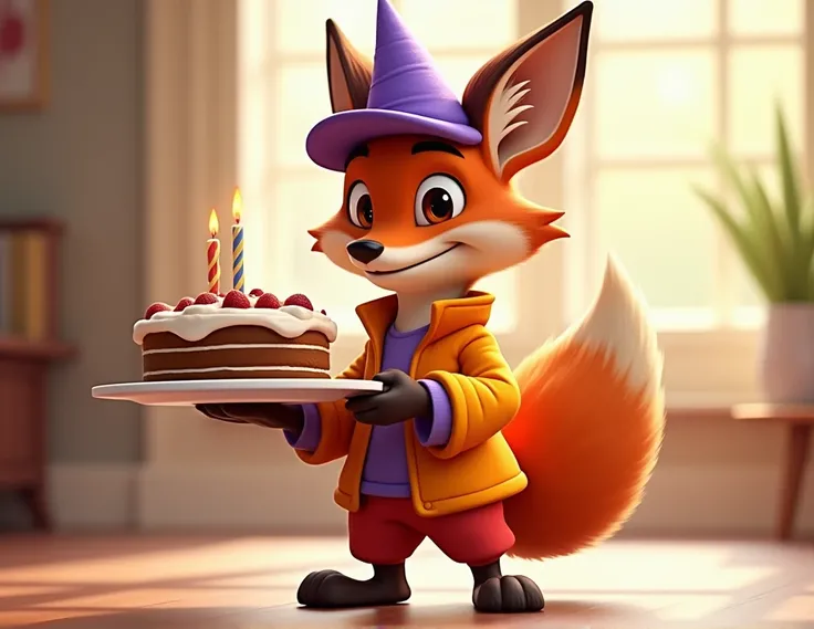 A fox in a cap dressed in purple and orange holding a white plate with a birthday cake in the Pixar animation style