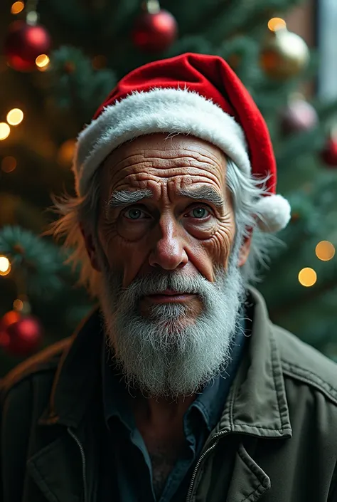 Old ugly man with Santa Claus hat, looking at viewer, christmas three background