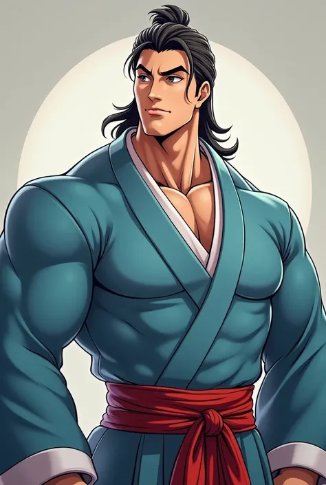 Create for me a 3D anime character of a male in his forties wearing a luxurious and traditional dress in sky blue and a little red with strong features and a strong muscular structure that shows his full body