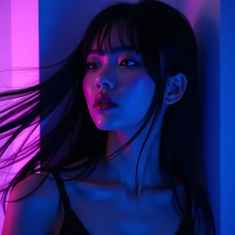 Masterpiece, 4k, UHD, Beautifull Face of Sexy japanese women. Long Purple and blue glow flowing long hime cut black hair blowing in the wind. Tilt dark Blue Purple Neon Light Background. Dark ambient. Japanese cyberpunk vibe.