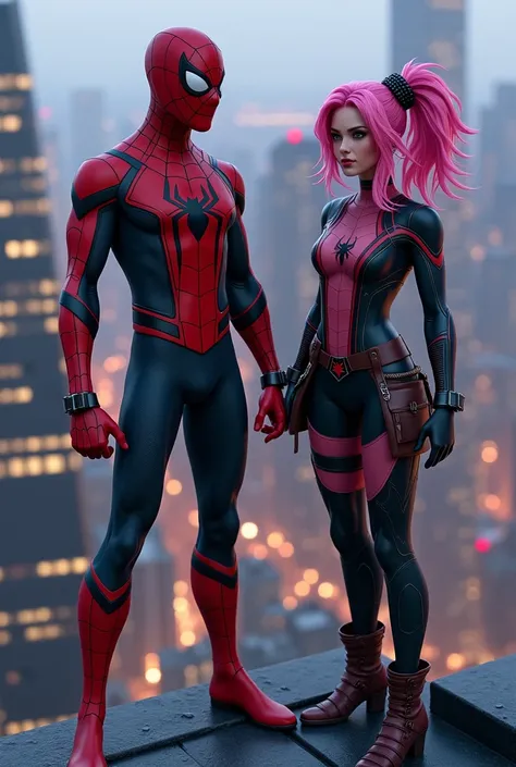 I want an image of Spider-Man Miles Morales on top of a building next to Gwenpool