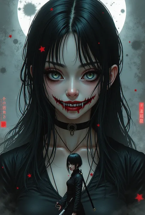 gothic anime girl with sharp venom teeth, anime ninja girl with katana, manga, anime, comic book art, digital illustration, manga wallpaper 