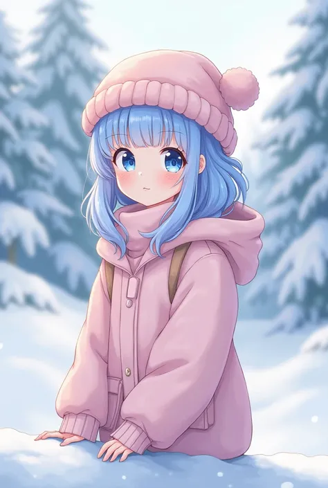 Europe. girl with red hair. The girl has blue eyes. The girl is wearing a pastel winter clothes. Winter. Anime pastel style.