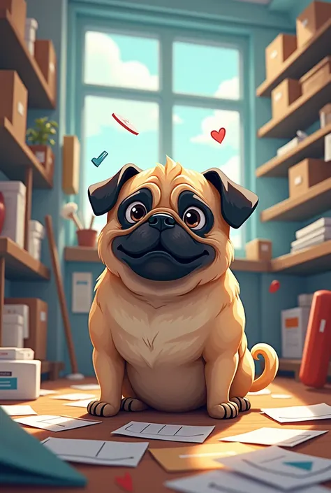 A colorful pug in a mailroom