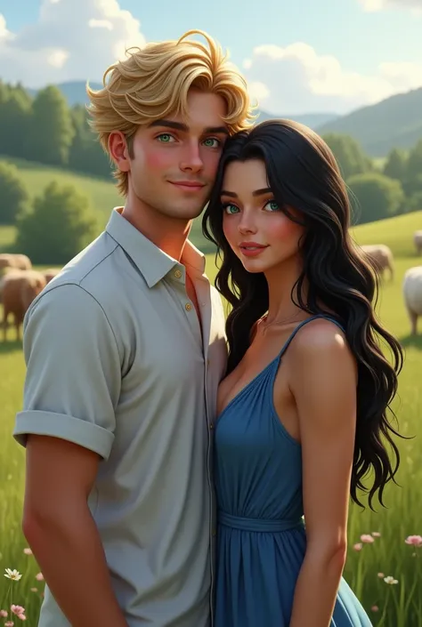  natural blond man, 20 years, Green eyes next to a woman with black hair and blue eyes, 20 years e vestido azul sem  decote, realistic image on the farm 