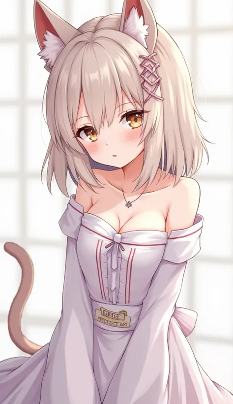 a girl,   anime style  ,  cat ears ,   bare shoulders ,   big breasts, shy, blush, belly button, shut your mouth,  Looking at the viewer,  High resolution,  From the Side ,  servant hair ornament ,  lines of movement , 