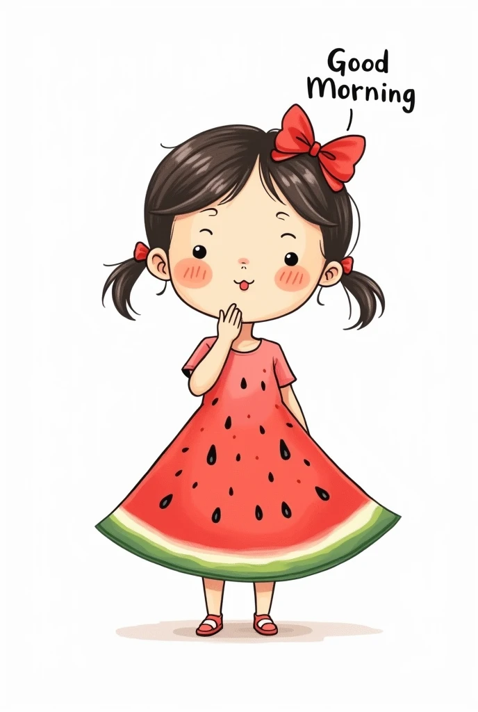 A whimsical minimalist cartoon-style , hand-drawn,  a delightful tiny young girl with a cheerful blowing kiss expression, drawn with softly curly thin black outlines.a top and simple skirt made from natural, realistic thin watermelon semicircular slices-sh...