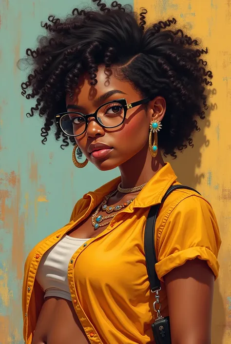 18-year-old girl, cabello afro corto, with 8 earrings ,  with the earring of the obligo, brown skin , height 5.3,  round with cheeks ,  round nose filled , big thighs, very chubby,  and with glasses