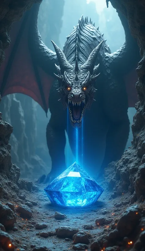 A giant dragon guarding a little magic blue stone in a cave
High Resolution, Masterpiece, Best Quality, Super Detailed, High Details, High Quality, 