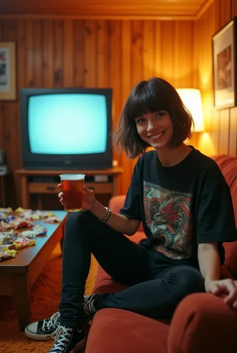 Wide shot of a young woman with her hair cut into a messy dark brown bob. She is sitting on the couch in a retro 1970s basement rec room. She sports a vintage black baseball tee with a dragon on it, form-fitting black skinny jeans, and black Converse All-S...