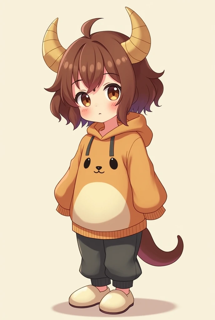 cool anime style ,  girl with short brown hair with small circles, minotaur horns of the same hair tone ,  kangaroo sweater and dark gray pants and white slippers ,  blushing 