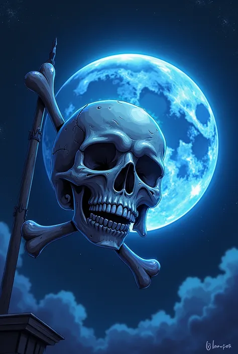 Give me a pirate flag with references to the moon that interfere with the skull and crossed bones, Looking more like an anime