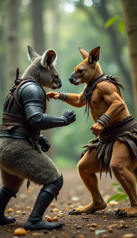 wo tribal warrior kangaroos in an intense battle, each showcasing their fierce strength and agility. The kangaroos are wearing tribal armor made of leather and animal bones, decorated with intricate markings and feathers. Their powerful legs are poised for...