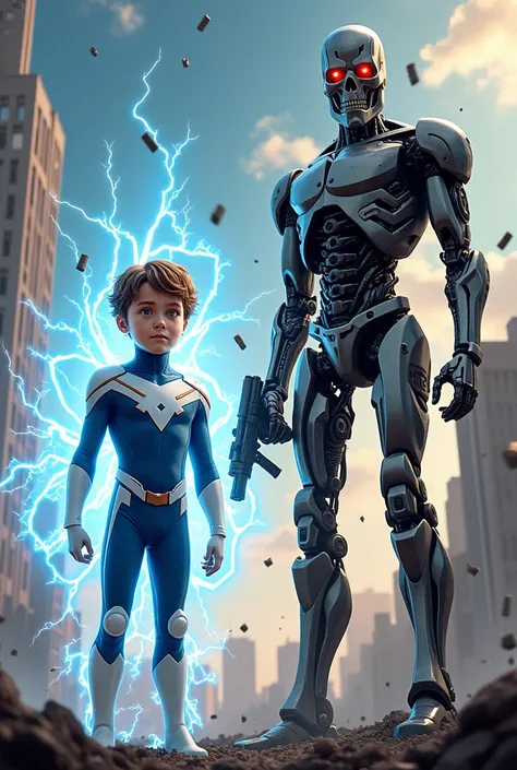 In the image, on the left side, there is a towering figure, Franklin Richards, a young boy with short brown hair and wearing a blue and white superhero suit. He is exuding a powerful aura, surrounded by crackling energy and floating objects. Franklin is de...