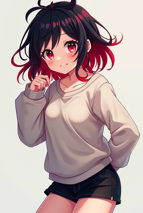 Girl, in a short sweater, black mini skirt, with black and red hair colors, red pupils , in anime style 