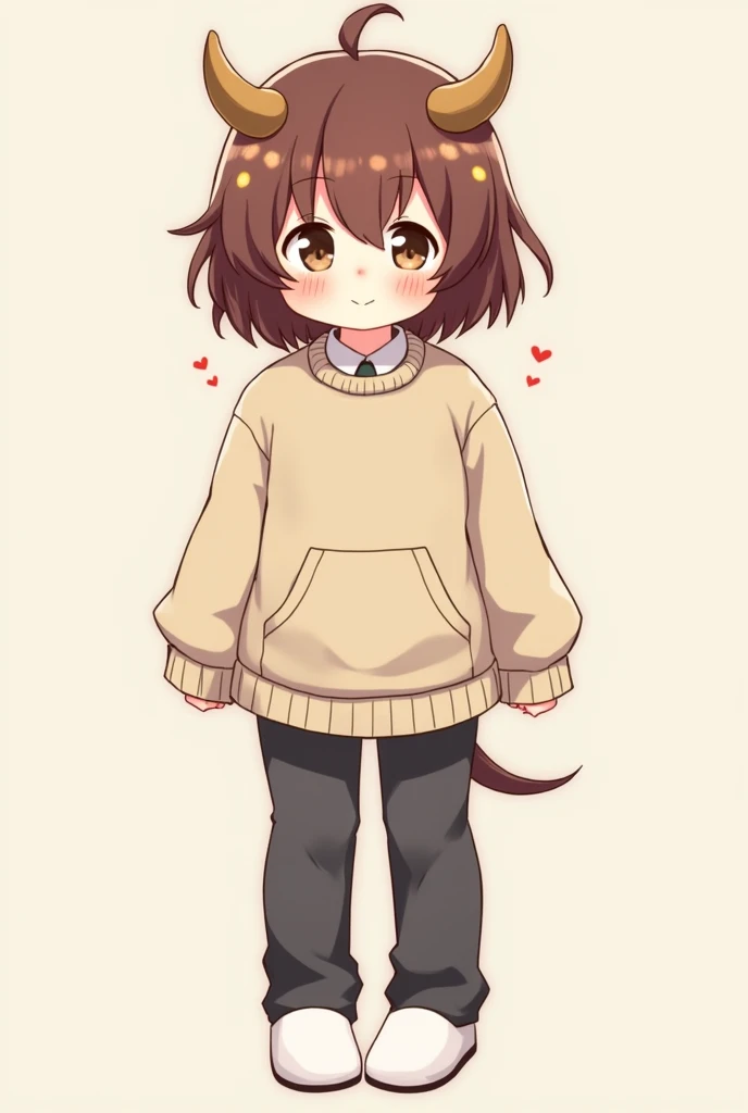  anime style ,  girl with short brown hair with small circles, minotaur horns of the same hair tone ,  kangaroo sweater and dark gray pants and white slippers ,  blushing 