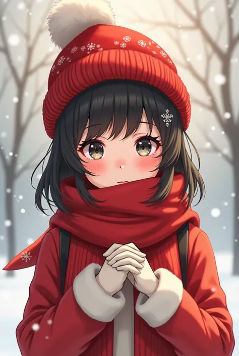 Girl like a manwha novel with a Christmas hat and scarf looking too her gloves