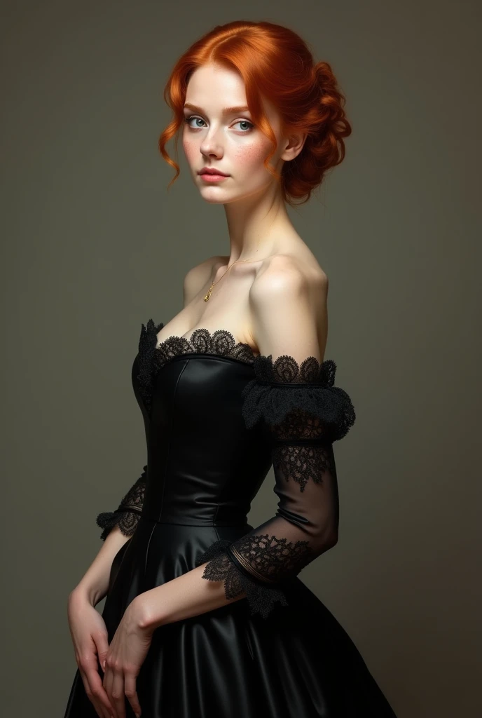 English woman full body very white redheaded black dress 1843 beautiful and freckles