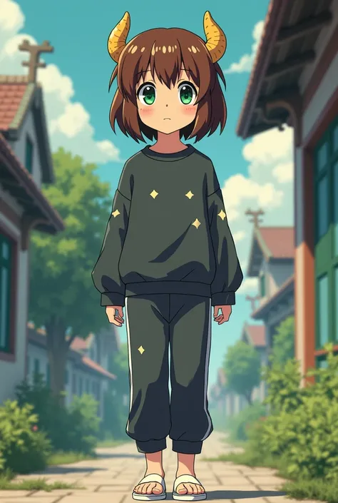 estilo anime retro,  girl with short brown hair with small circles, minotaur horns of the same hair tone , high,  green eyes, dark gray sports top ,  dark gray pants and white slippers