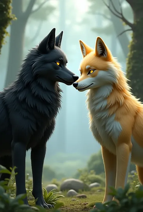 Anthropomorphic wolves, one with black fur and the other with blond fur 