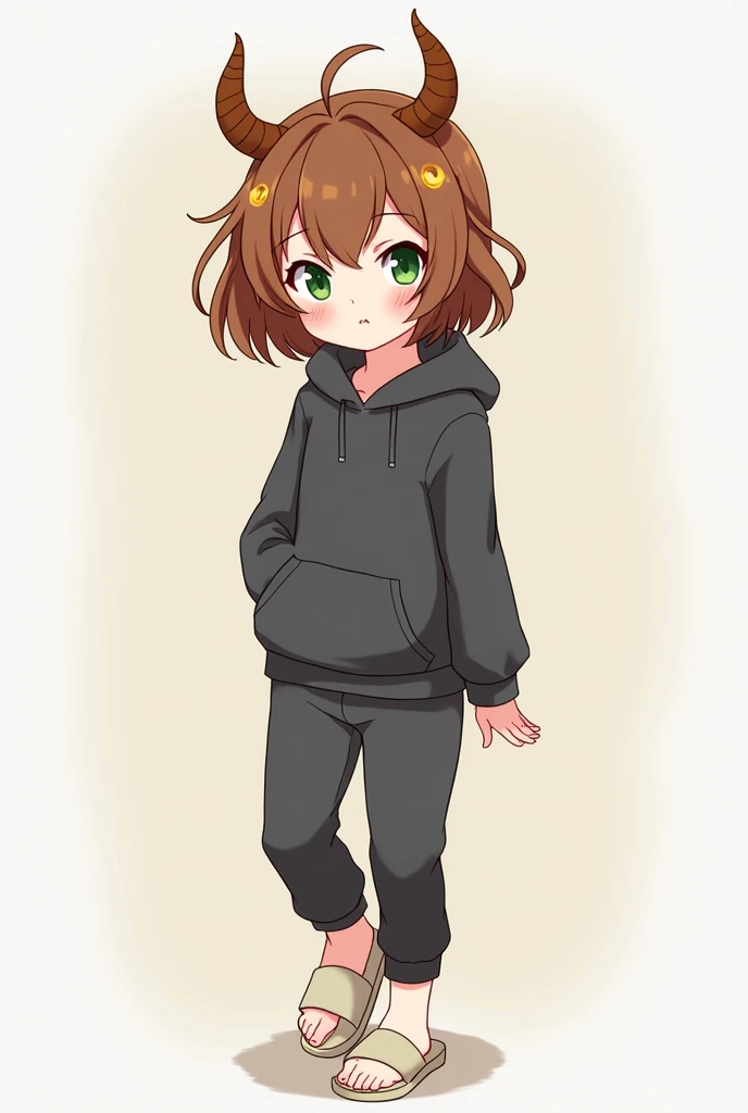 Chibi cool anime style,  girl with short brown hair with small circles, minotaur horns of the same hair tone , high,  green eyes, dark gray sports top ,  dark gray pants and white slippers