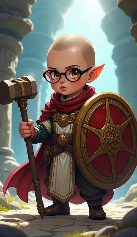 a halfing cleric, man and using a hammer and shield, shaved hair, no beard, wearing glasses, brown eyes, anime