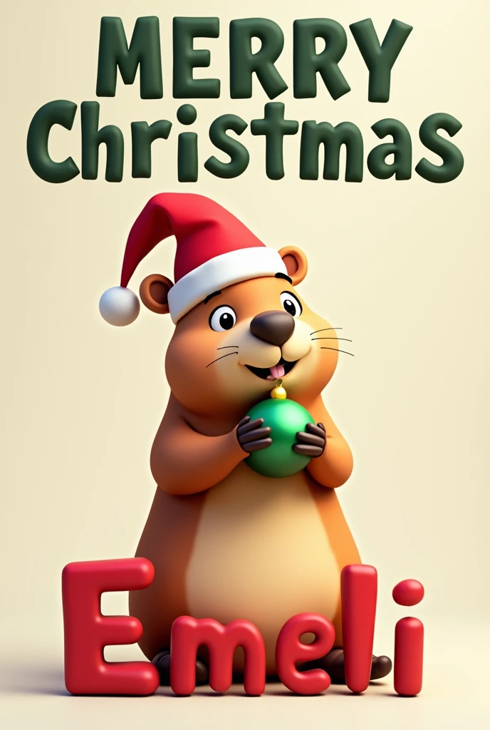 A 3D rendering of a vector cartoon style capybara wearing a Christmas hat. The capybara is sitting and has a ish face. It is holding a Christmas ball in its hand. The capybara is wearing a red Christmas hat. At the bottom, there are large letters that spel...