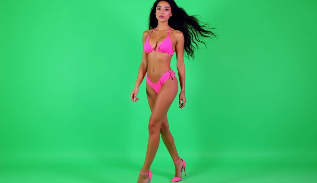 Caucasian, black hair, female, model, pink bikini, high heels, 20 years old, full body, walking forward, subject against uniform green background,