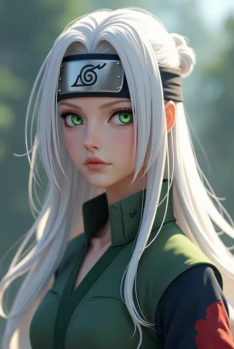 Naruto character white long hair girl with green eye with a konoha headband