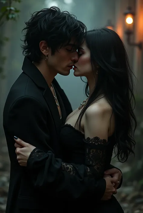 Beardless Bill Kaulitz holding and kissing a vampire girl 