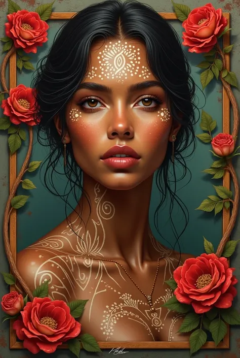 Bust of an indigenous Brazilian woman with an indigenous body painting frame adorned with red roses