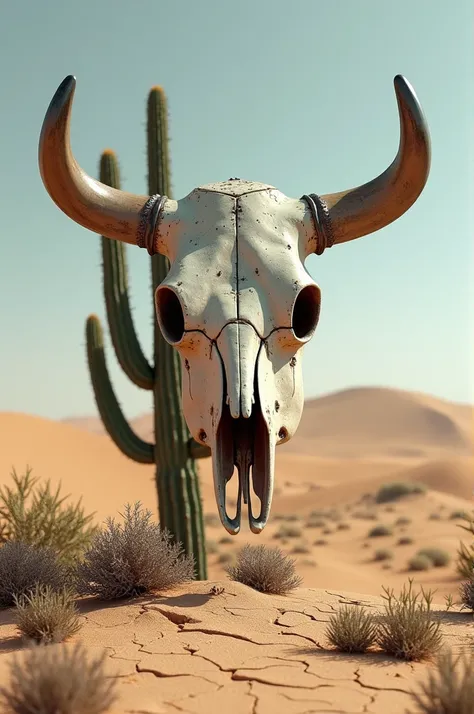 Cowhead skeleton with cactus in the middle of the desert