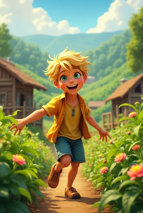 natural blond boy , s,  brasileiro,  green eyes playing on the farm