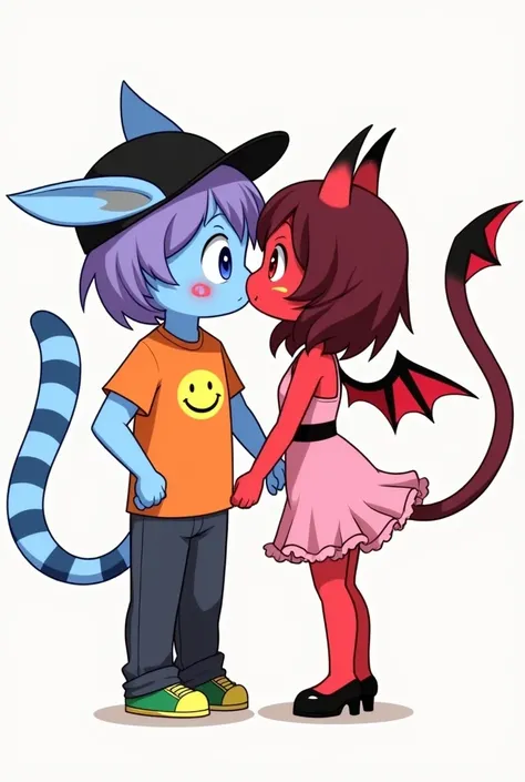 Draw Chimi and Sucubo kissing each others lips

Chimi is cute blue anthropomorphic male cat with long rabbit ears, striped tail with two white stripes, blue eyes, purplish hair and red swirls on both cheeks. He wears an orange t-shirt with happy yellow smi...