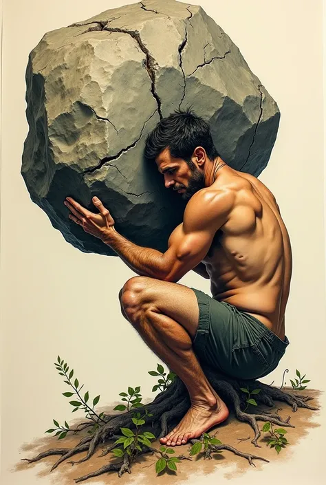  The tattoo is old school : with thick lines, Solid Shadows.
 A crouched man holding a giant rock ,  in a position of resistance ,  resisting pressure .
 Thick roots are the lower limbs ,  joining the ground ,  representing his connection to the earth .
 D...