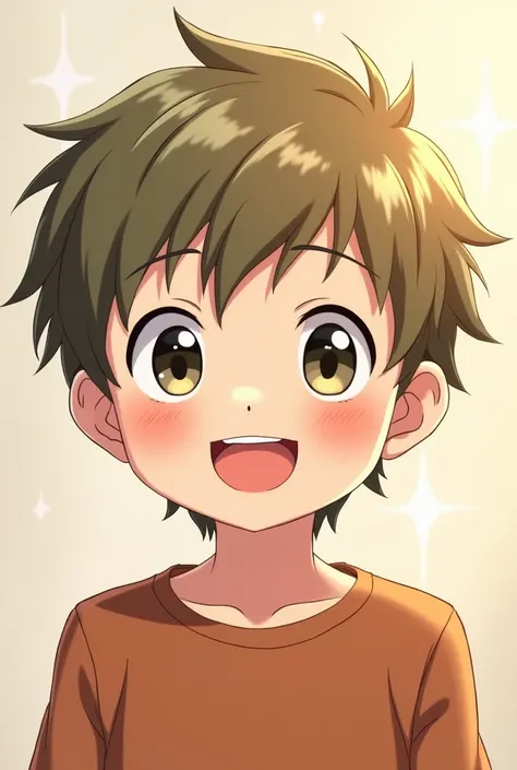 An anime-style BOY with khaki-colored hair and is very smiling