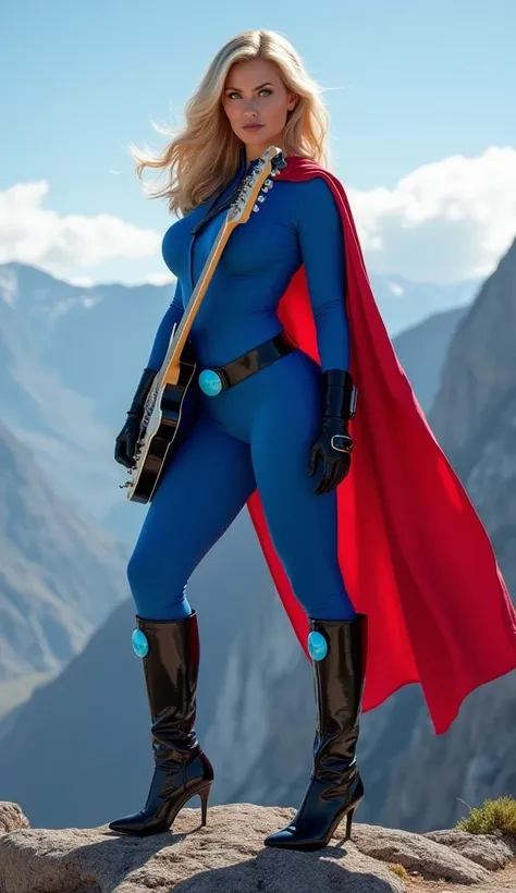  curvy woman,  spectacular figure with guitar silhouette , blonde,  sky blue eyes,  blue suit tight to the body showing his attributes,  black boots and gloves with bright blue design ,  black belt with bright blue pearl , red superhero cape ,  place on to...