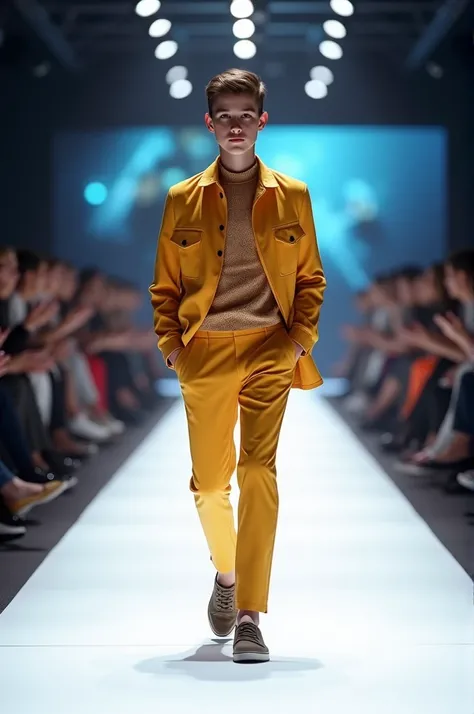 Handsome  boy model wearing 2024 boys fashion and sunglasses, the kid looks like Thomas Cruise. Walking the catwalk at the Jean Paul Gaultier and Balenciaga inspired fashion shows. Full body shot. The white floor was illuminated by studio lights and spotli...