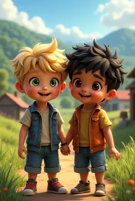 Natural blond boy , s,  Brasileiro, Green eyes playing on the farm with black-haired boy,  REALISTIC IMAGE 