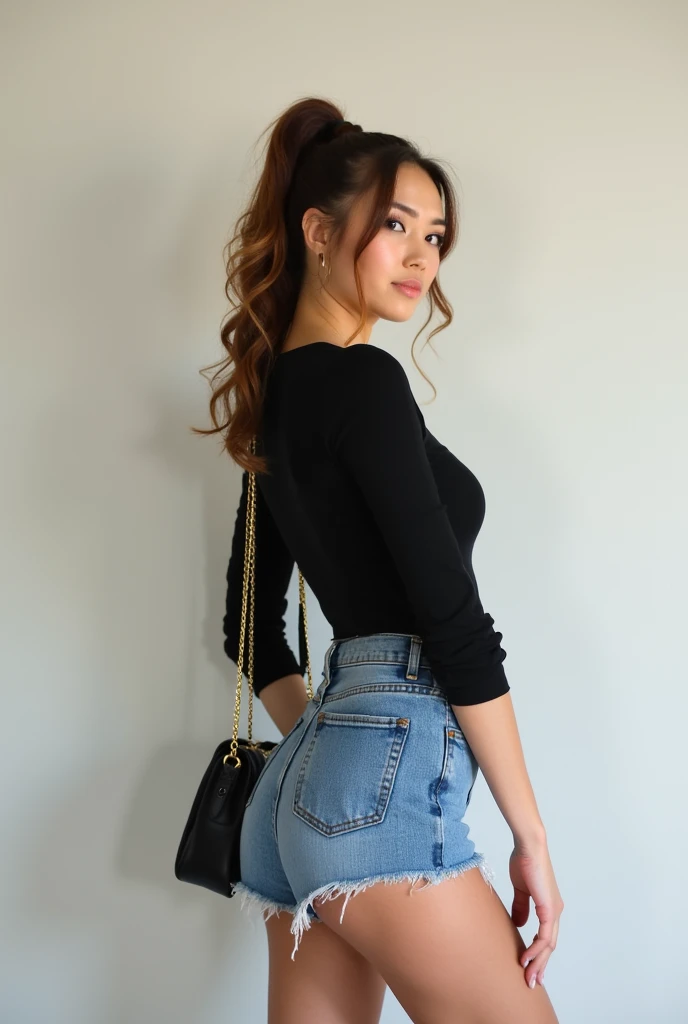 woman standing, posing against a plain wall .  She has brown hair tied in a high ponytail and wears a black top with denim shorts. on the shoulder,  carries a black purse with a gold chain strap .  The overall style conveys a casual and elegant vibe .