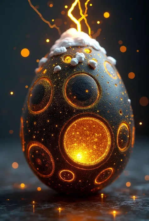 Design a mystical and powerful Devil Fruit known as the Cosmic Cosmic Fruit. It should have an aura of deep mystery and cosmic power. The fruit is spherical or egg-shaped with a surface that’s predominantly black, swirling with golden, glowing patterns res...