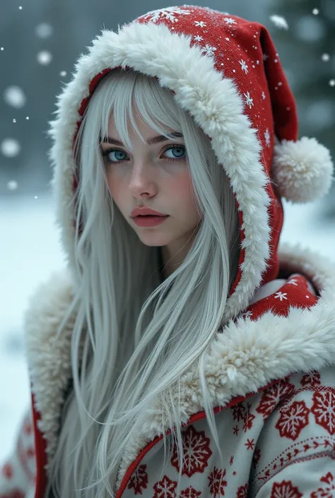 Chainsawman white hair girl wearing hoodie with Christmas bonet