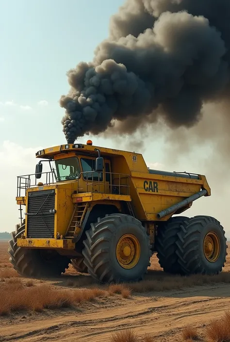 A very large yellow tractor with black smoke coming out of its exhaust 