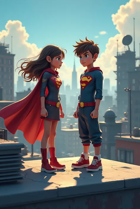 On the roof of a building there are a girl and a boy being heroes