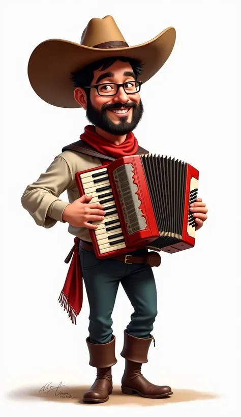 "A full-body caricature of a man with a slightly elongated, lean-to-normal face. He has short dark brown hair, a well-groomed full beard with a styled goatee, and small rectangular wireframe glasses. The man is smiling and playing a large accordion with pr...